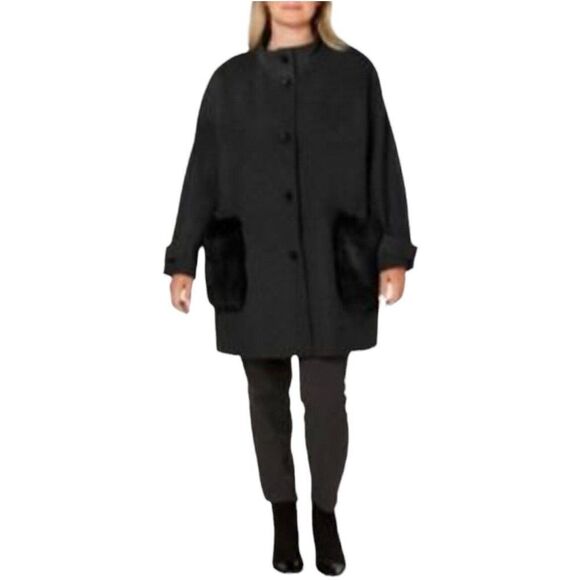 DKNY Women's Faux-Fur-Pocket Walker Coat Black Wool Blend Plus Size 3X NWT - Picture 1 of 10